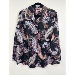 Chico's No-Iron Paisley Long Sleeve Button Up Cotton Shirt Black Sz 3 (16) XL